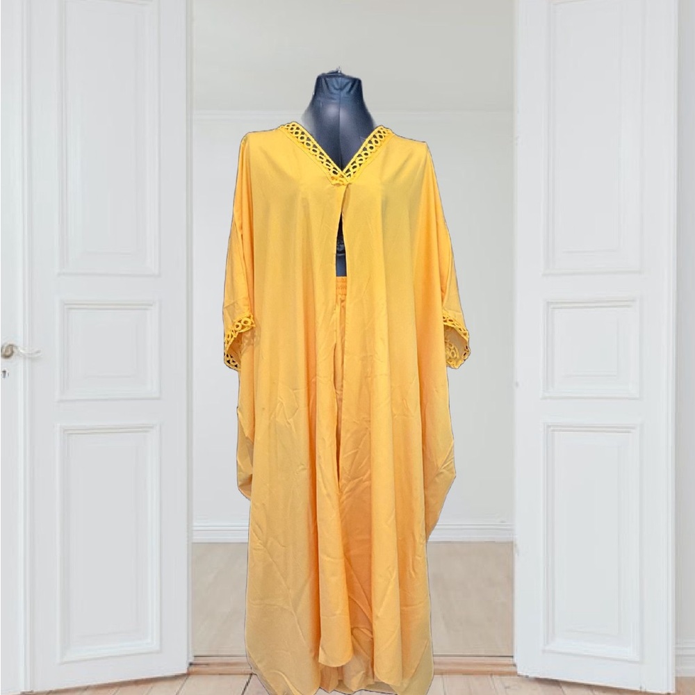 ChicMe Two Piece Yellow Vacation wear V Neck Flare Sleeve Top Wide Leg Pants Set